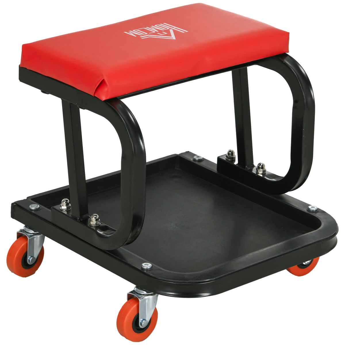 HOMCOM Rolling Workshop Stool with Tool Tray and Padded Seat, Red
