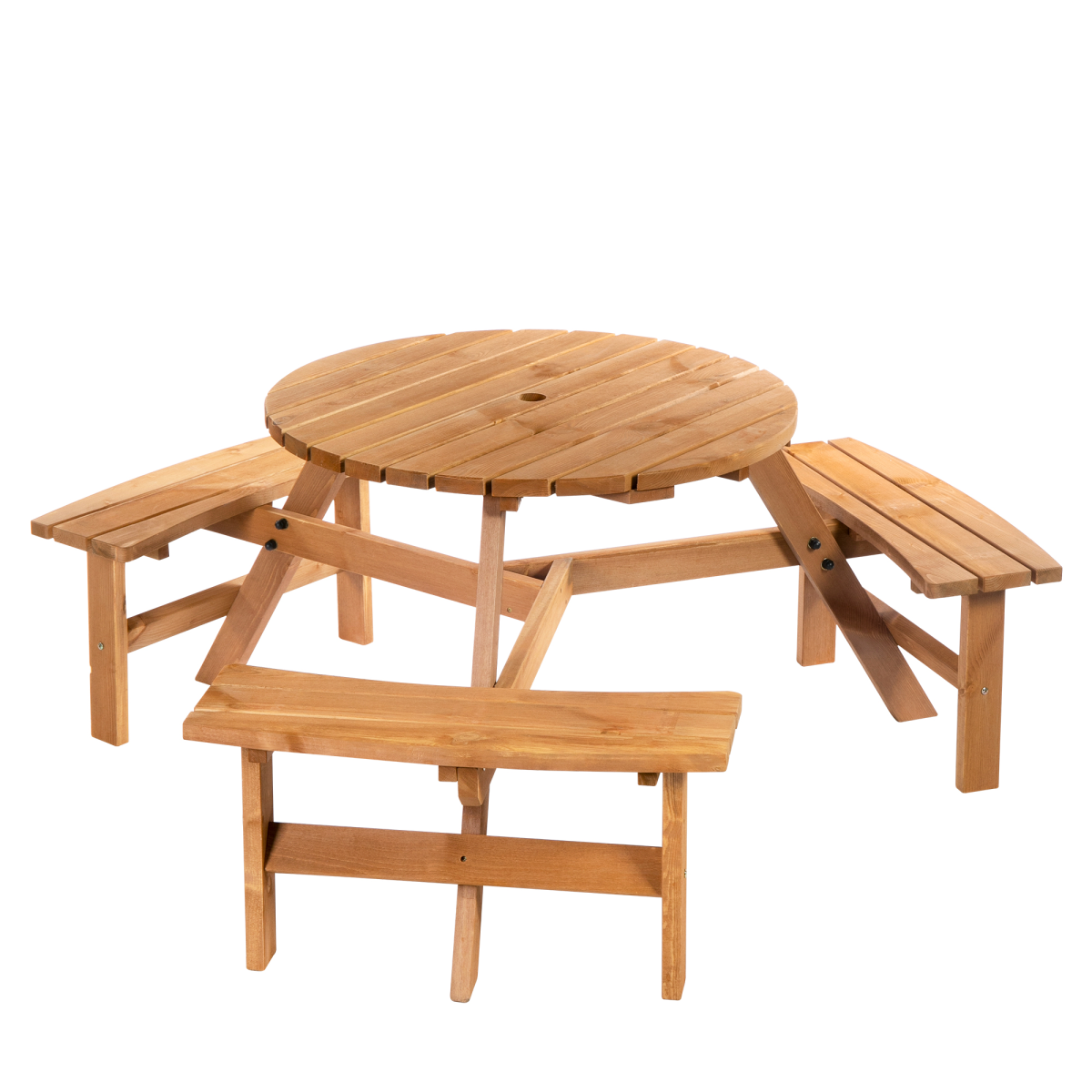 Outsunny Round Wooden Table with 3 Attached Benches and Umbrella Hole, Fir Wood, Outdoor Garden Use