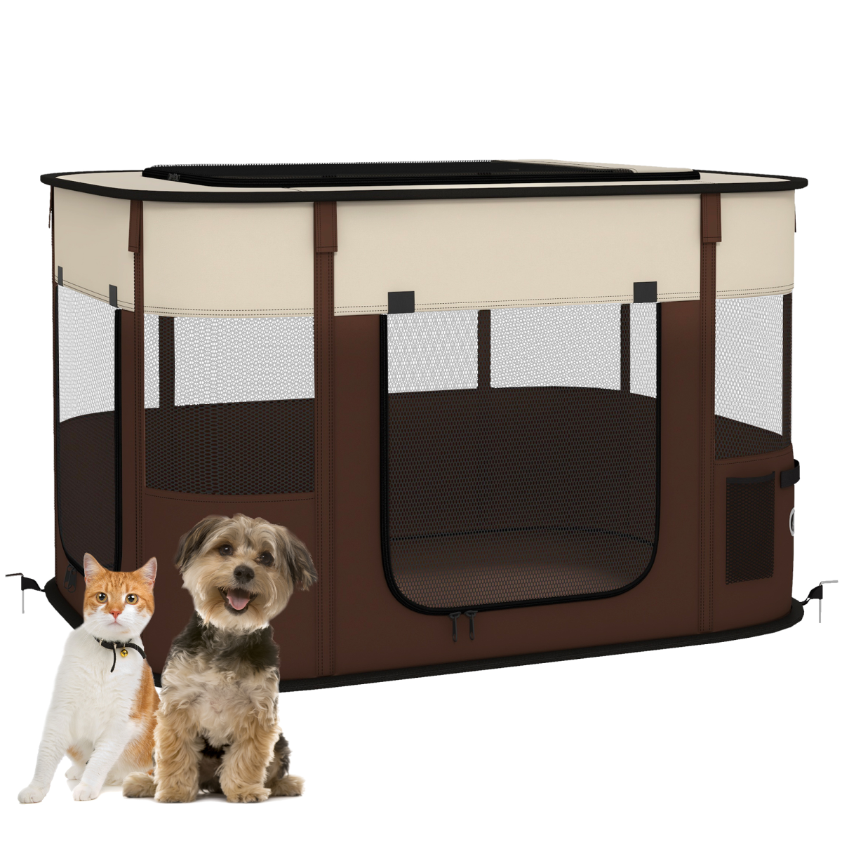 PawHut Portable Foldable Dog Pen for Puppies, Rabbits, Kittens and Guinea Pigs, Brown