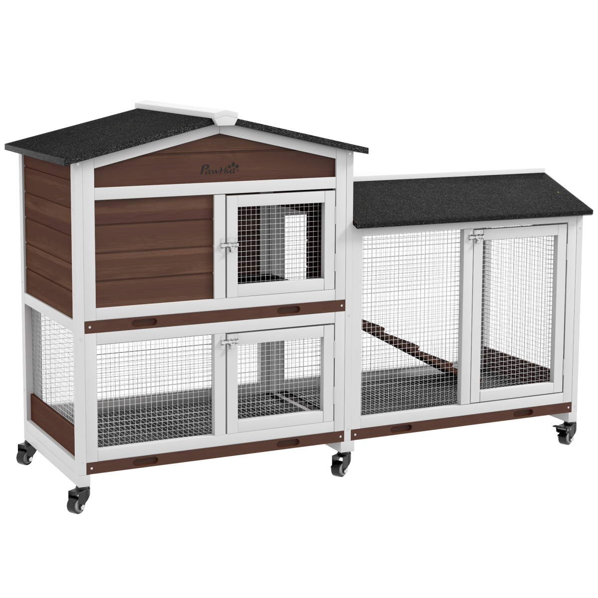 PawHut Wooden Rabbit Hutch with Wheels, Run and Ramp, Brown