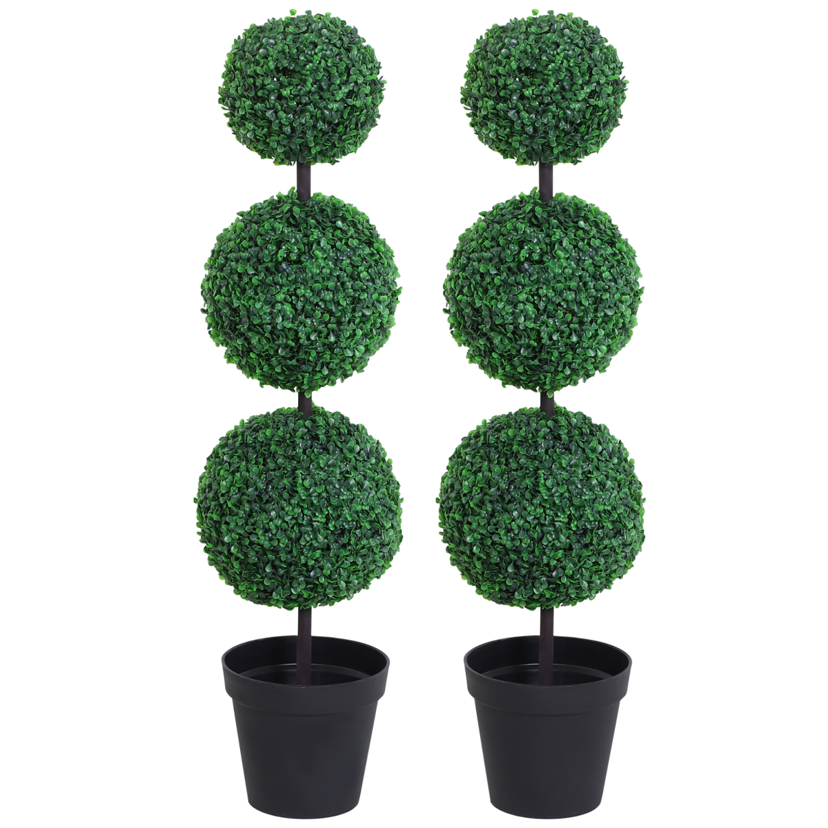 Outsunny Set of 2 Artificial Boxwood Topiary Trees with 3 Balls, Green PE Plants