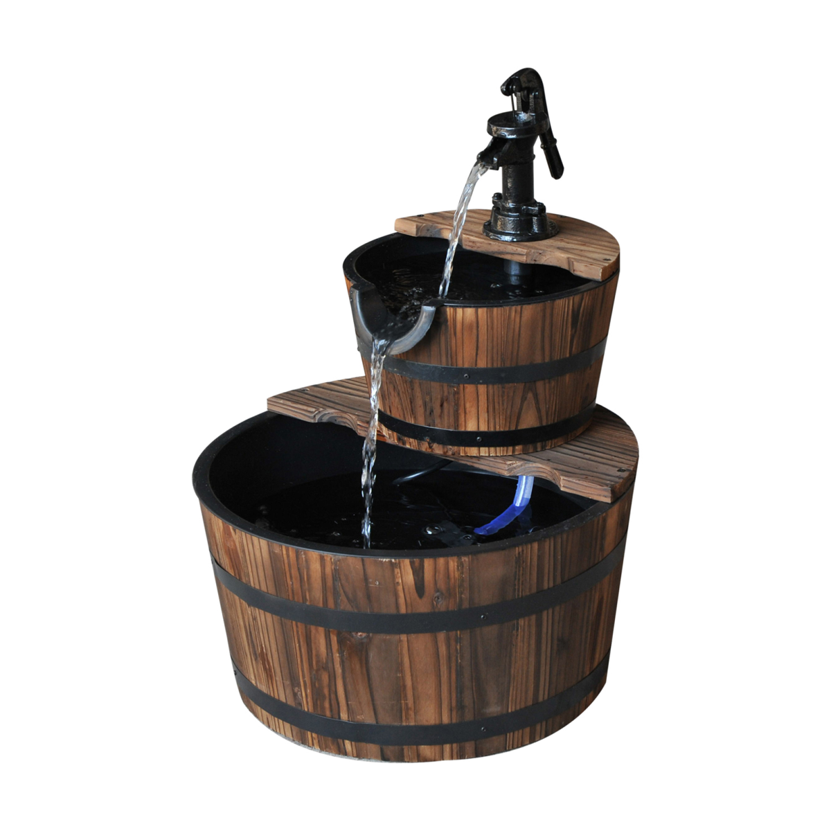 Outsunny 2-Tier Wooden Water Pump Fountain, Fir Wood & Steel