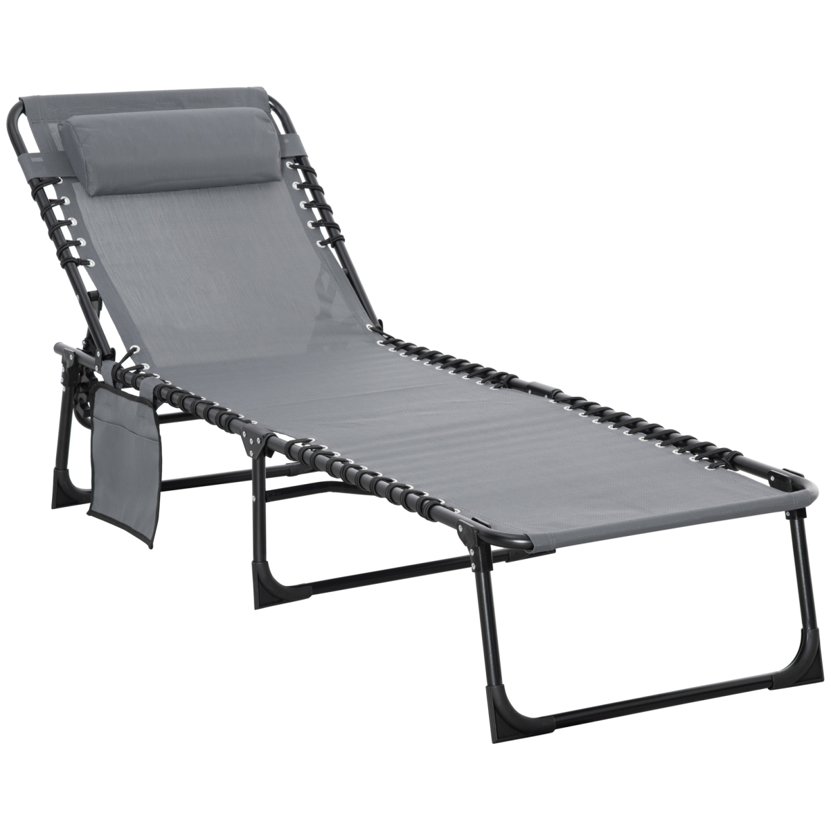 Outsunny Portable Sun Lounger Reclining Lounge Chair, 5-Position Adjustable Backrest, Removable Pillow, Side Pocket, Grey