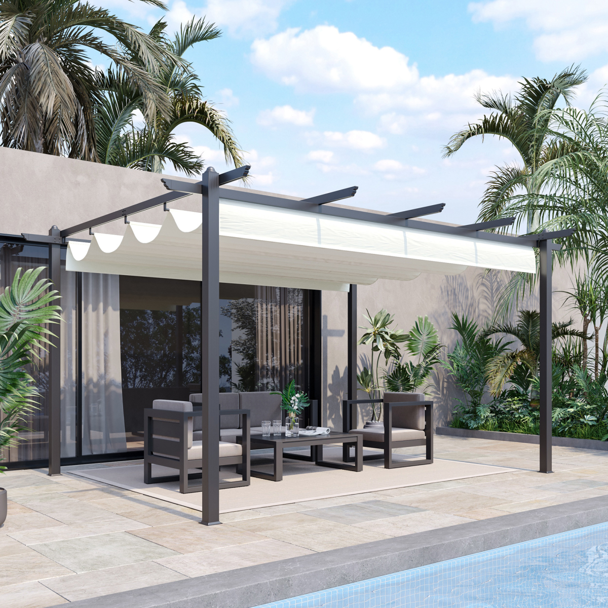 Outsunny 4 x 3m Aluminum Pergola Gazebo with Retractable Polyester Canopy