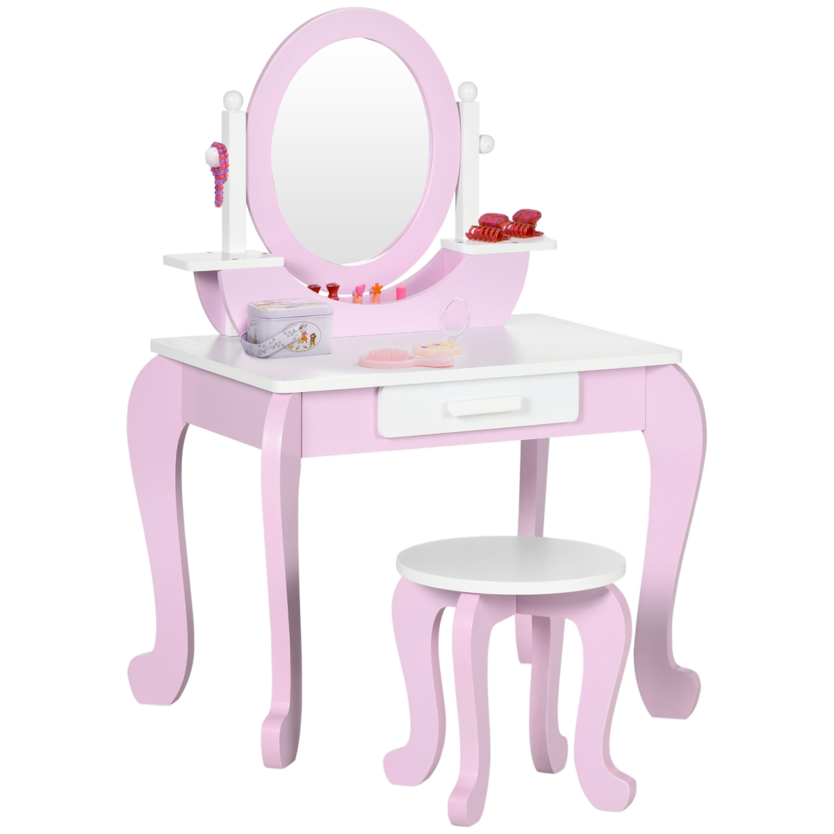 Kids Pink Dressing Table Set with Mirror, Stool and Drawer for Ages 3-6