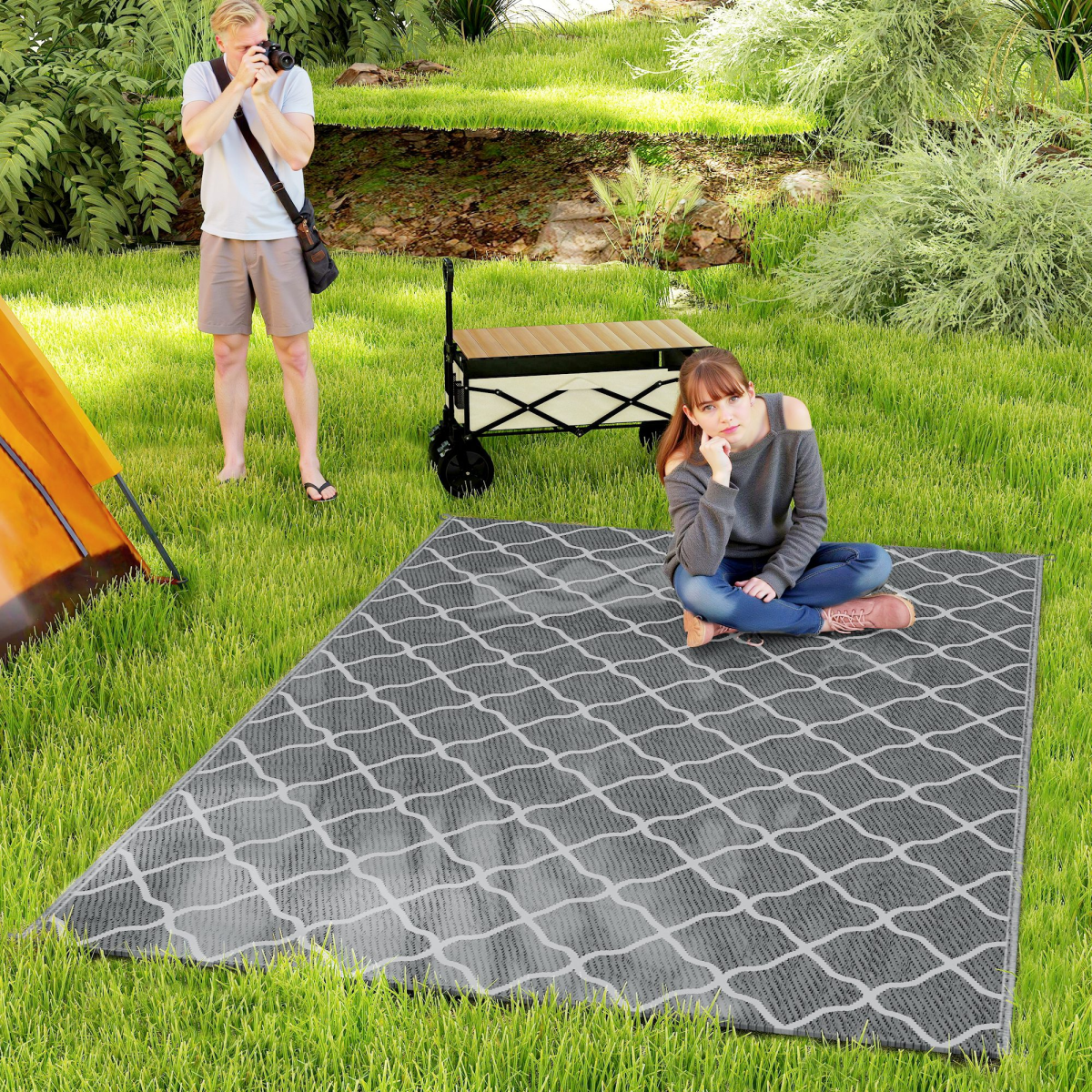 Outsunny Reversible Outdoor Rug with Carry Bag, 182 x 274 cm, Grey