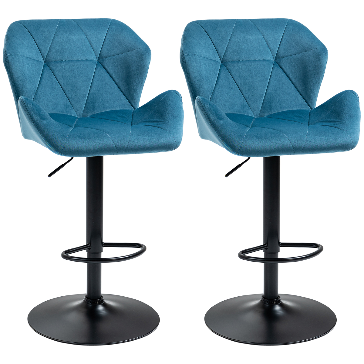 HOMCOM Set of 2 Blue Velvet-Feel Adjustable Bar Stools with Metal Base
