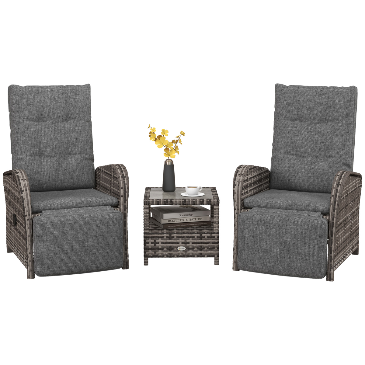 Outsunny 3-Piece Rattan Reclining Lounge Set with Cushions and Table for Patio, Yard, Porch