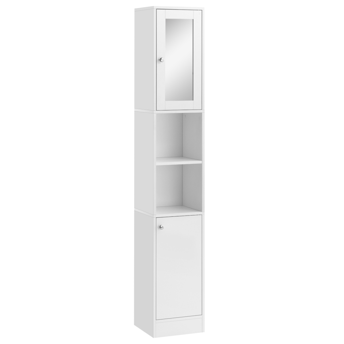 Bathroom Floor Storage Cabinet with Mirrored Door, 2 Cupboards and 2 Shelves, Tallboy Unit