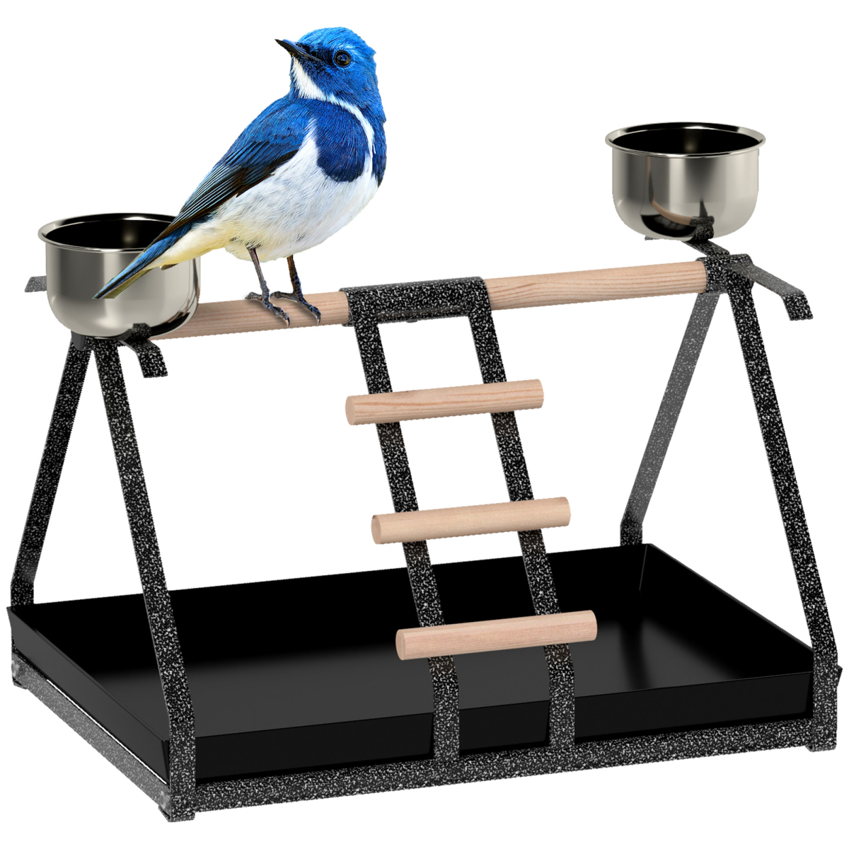 Portable Bird Stand with Stainless Steel Base, Wooden Perch, Ladder and 2 Bowls