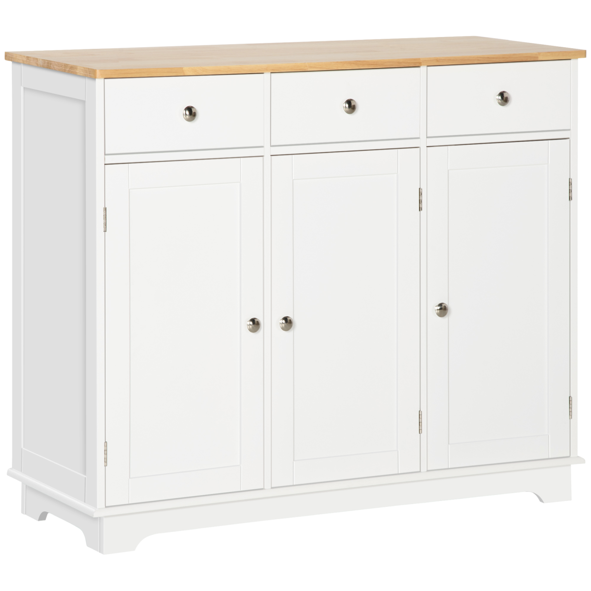 HOMCOM White Sideboard with Rubberwood Top, 3 Storage Cabinets, 3 Drawers, Adjustable Shelves