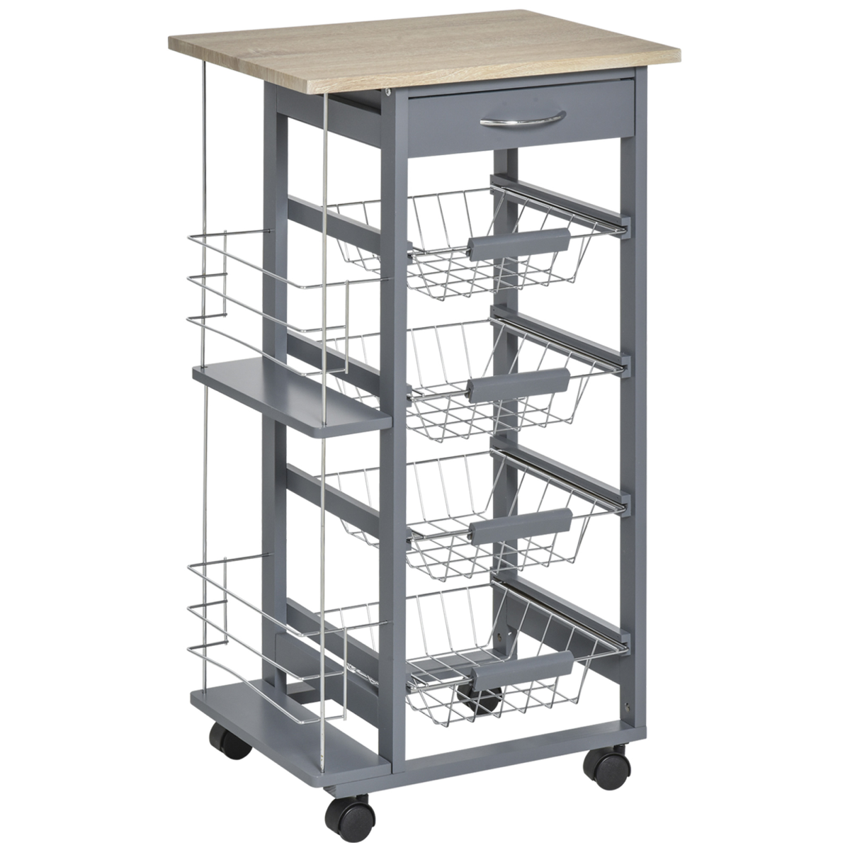 HOMCOM Kitchen Island Trolley on Wheels with Drawer, 4 Removable Metal Baskets, 2 Side Racks, Dark Grey