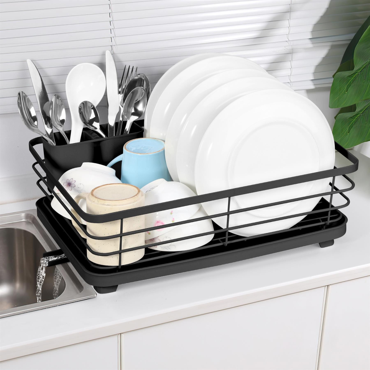 Vinsani Black Stainless Steel Dish Rack with Drip Tray and Utensil Holder