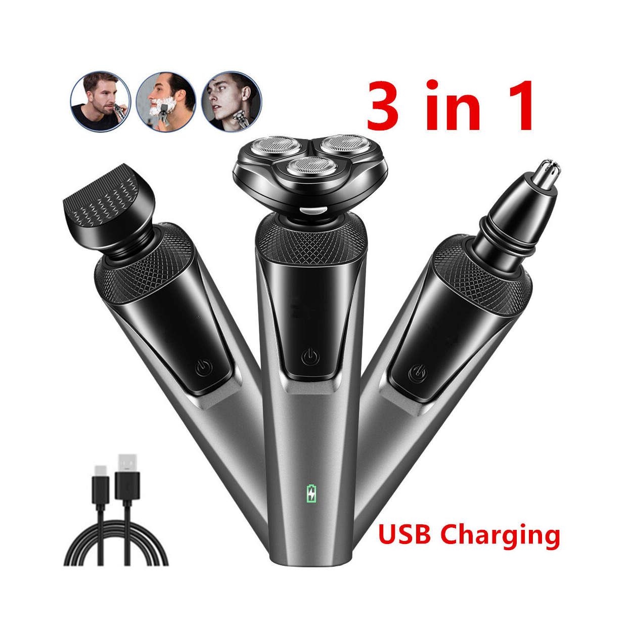 USB Rechargeable 3-in-1 Men's Electric Shaver with Nose Hair Trimmer and Cheek Trimmer