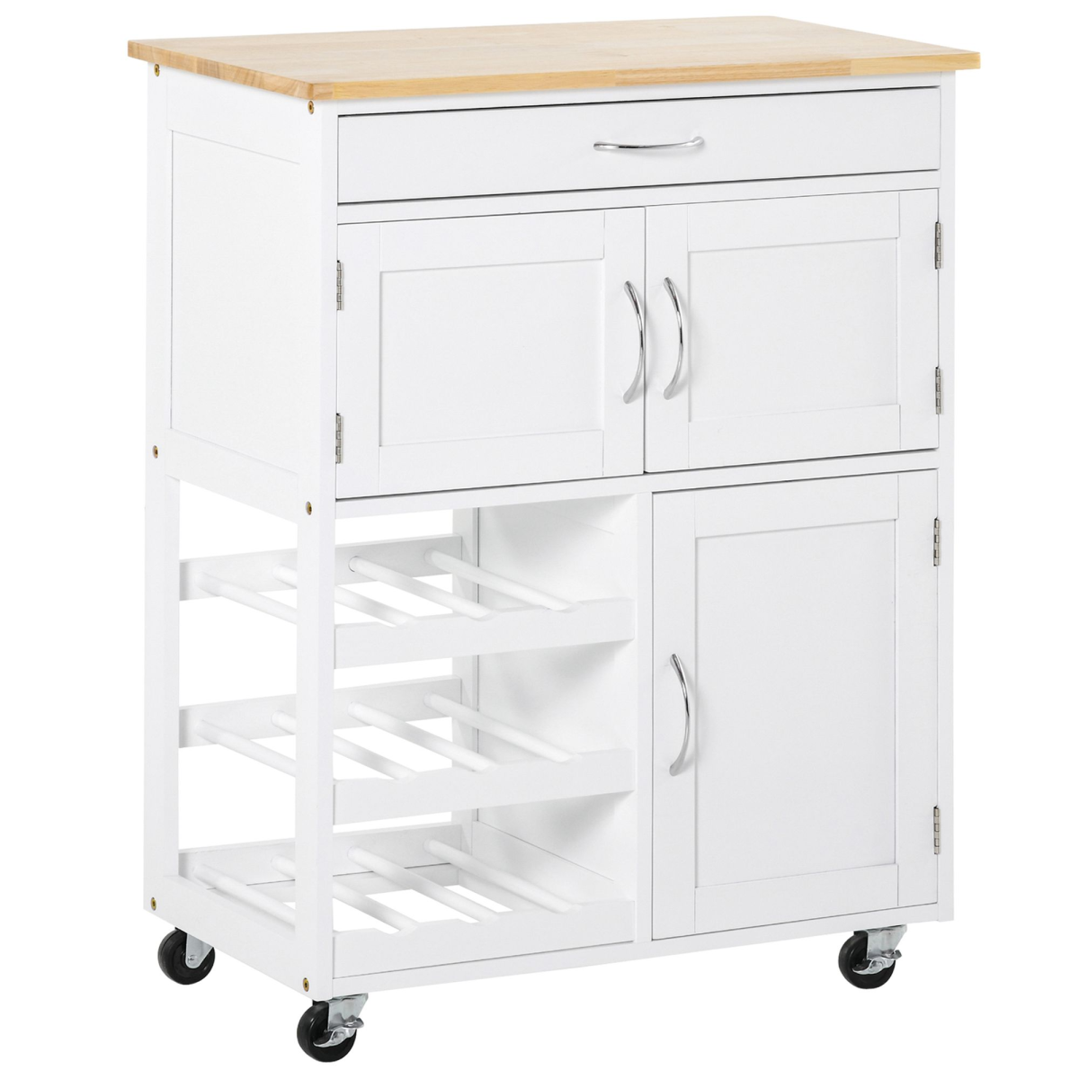 HOMCOM Modern White Kitchen Rolling Storage Cart with Drawer, 9-Bottle Wine Rack, Cabinets, Rubberwood Countertop