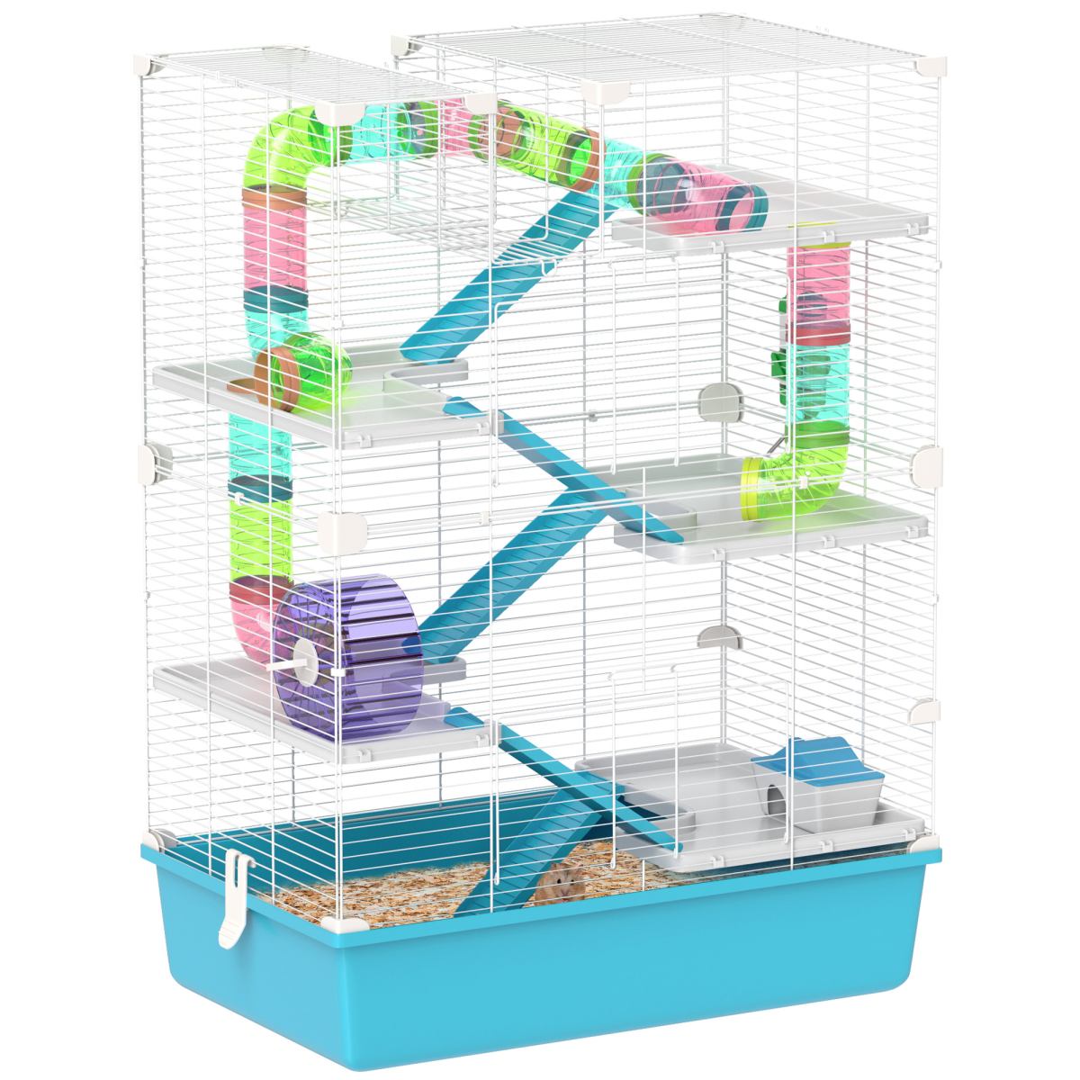 PawHut 6-Tier Twin Tower Hamster Cage with Accessories, Light Blue