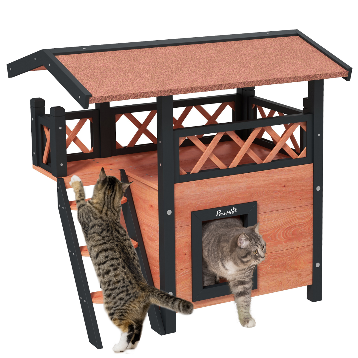 PawHut Outdoor Fir Wood Cat House with Balcony, Stairs & Roof
