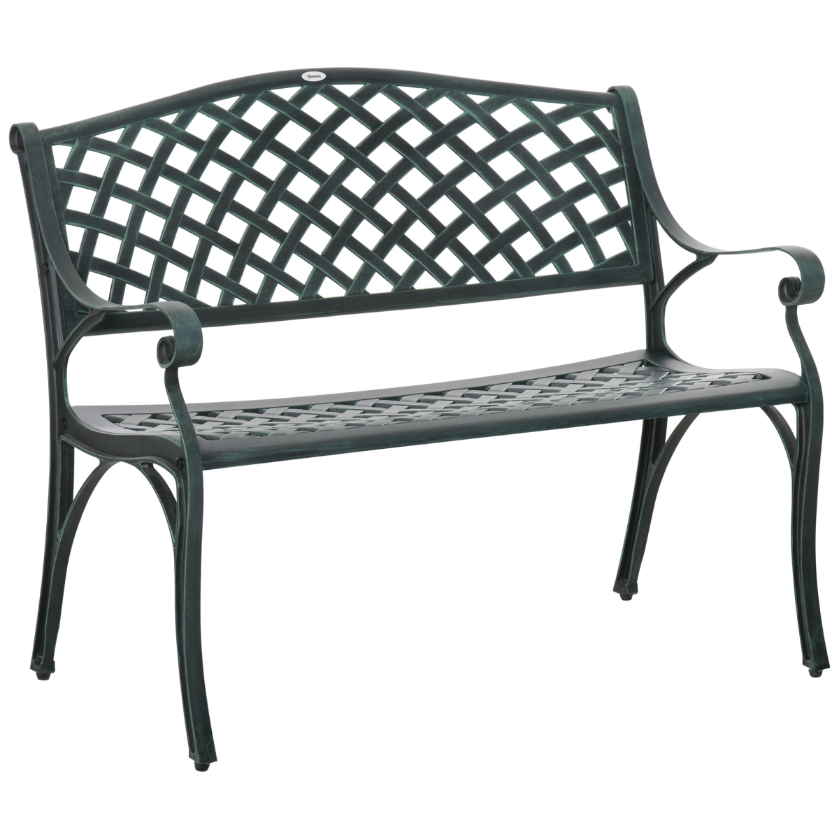 Outsunny Cast Aluminium 2 Seater Garden Bench with Armrests, Antique Patio Porch Loveseat, Verdigris