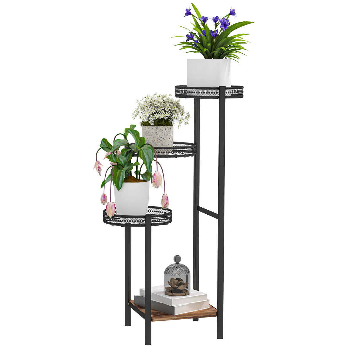 Outsunny 4-Tier Metal Plant Stand with Wooden Bottom Shelf