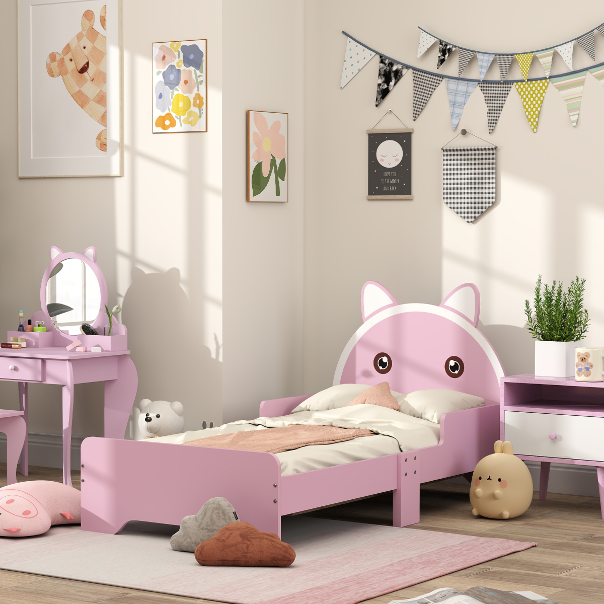 ZONEKIZ Toddler Bed Frame, Cat Design Kids Bed with Guardrails, Pink