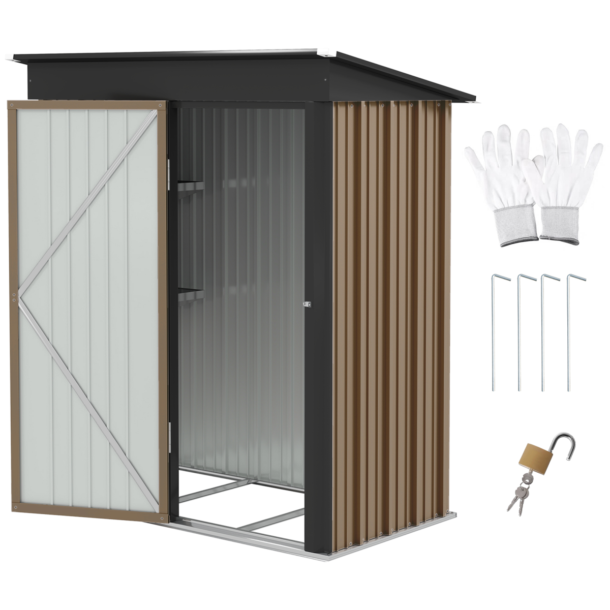 Outsunny Lean-to Steel Garden Shed, 5x3 ft, Bike Storage, Brown