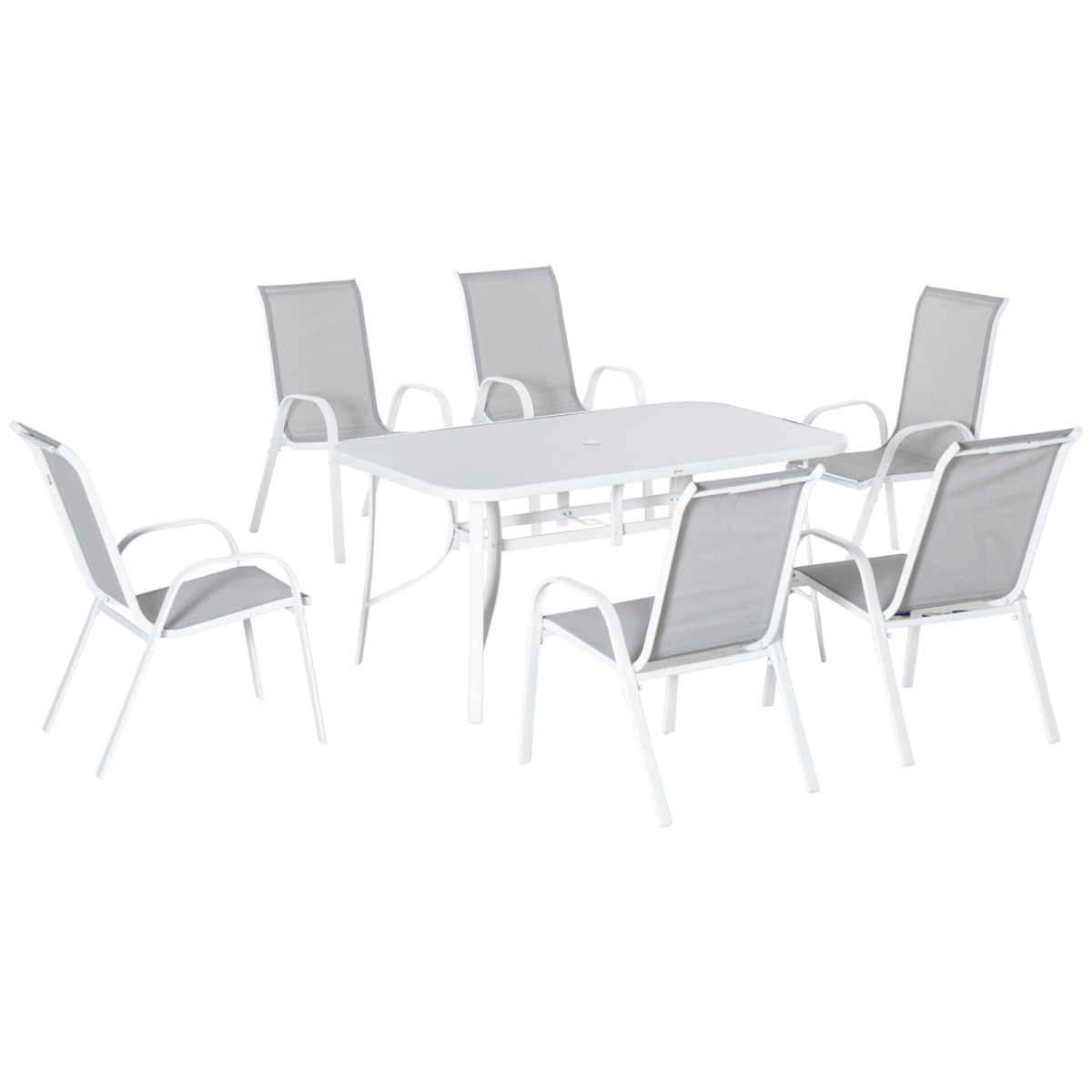 Outsunny 7 Piece Grey Outdoor Garden Dining Set with 6 Armchairs and Glass Top Table