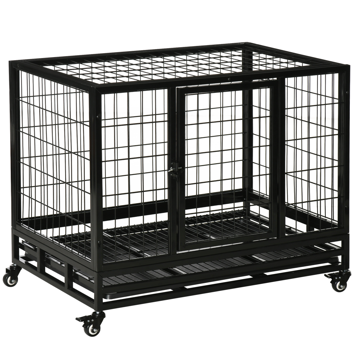 PawHut Heavy Duty Metal Dog Crate with Wheels and Tray