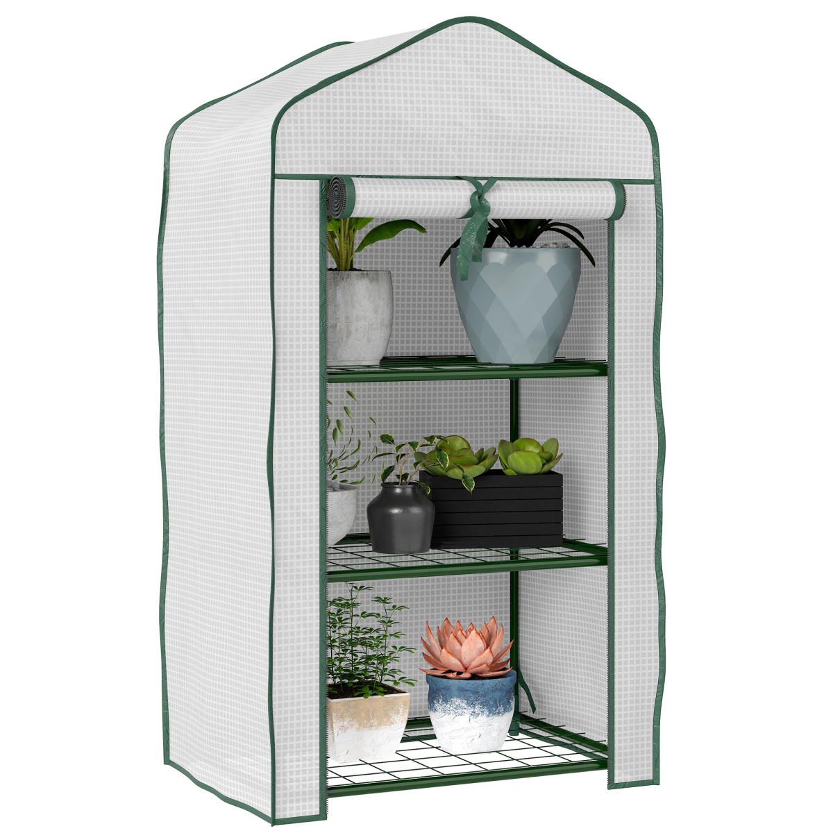 Outsunny Portable Mini Greenhouse with Roll-Up Door and Wire Shelves
