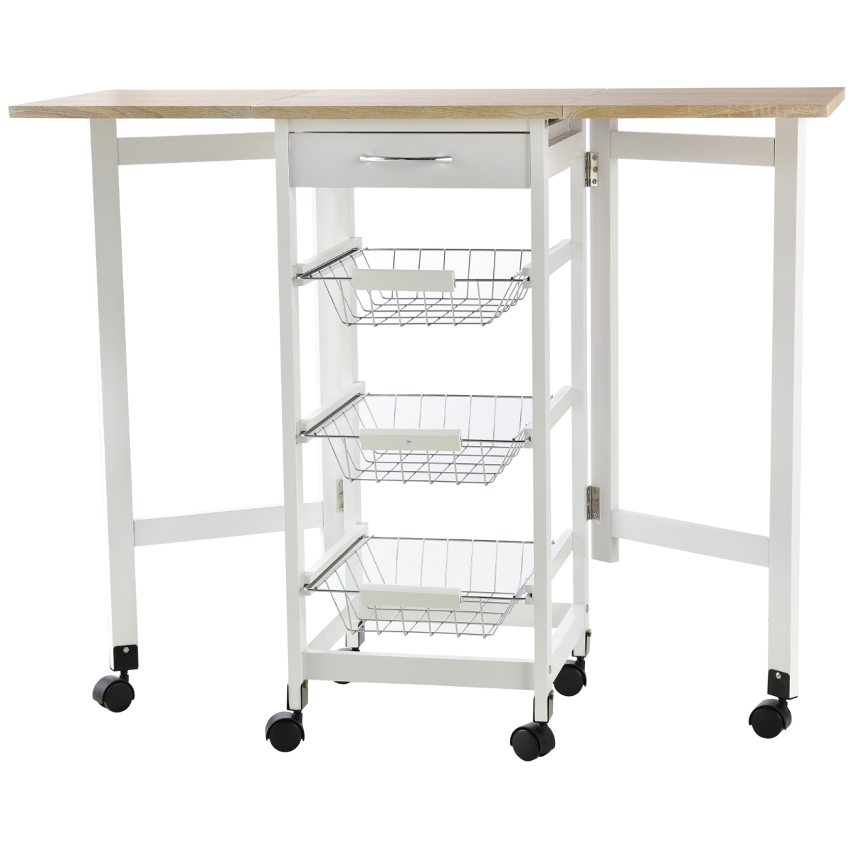 HOMCOM Extendable Kitchen Island Trolley with Drop Leaf Countertop, Drawer and Storage Baskets, White and Oak