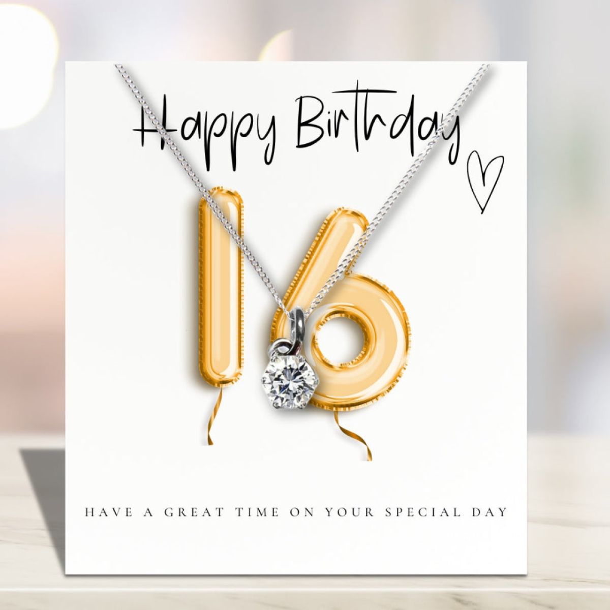 16th Birthday Cubic Zirconia Silver Necklace with Gold Balloons Message Card