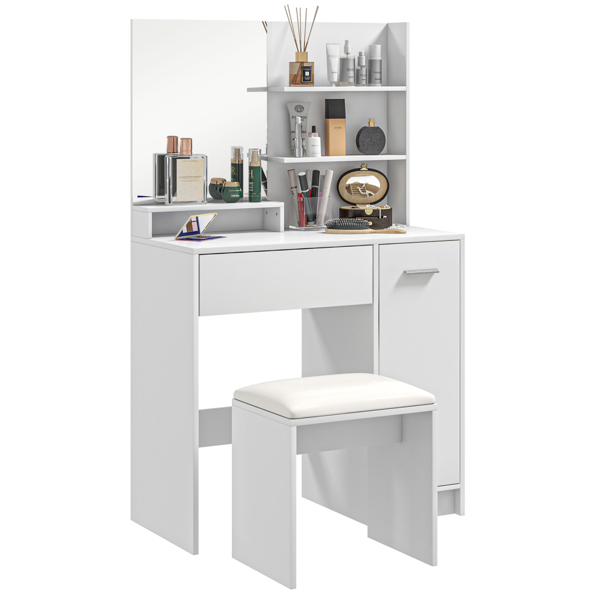 HOMCOM White Dressing Table Set with Mirror, Stool and Storage