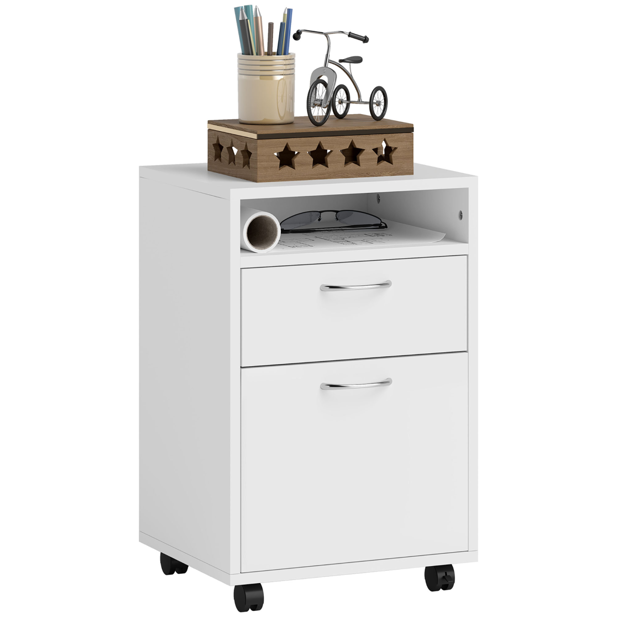 HOMCOM 60cm Storage Cabinet with Drawer, Open Shelf, Metal Handles, 4 Wheels, White