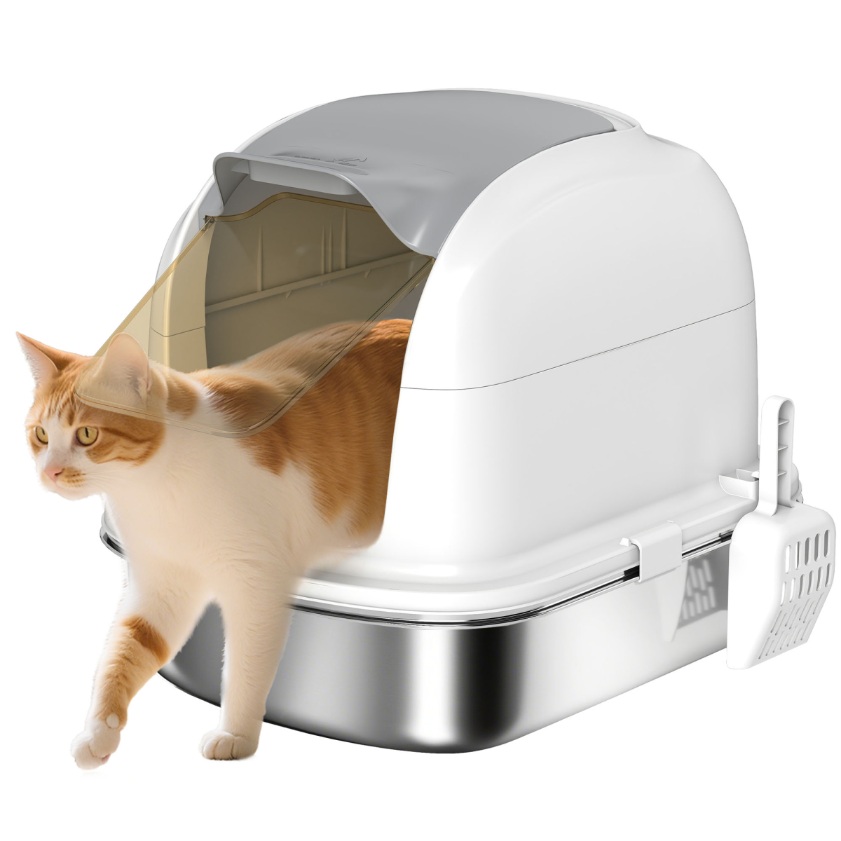 PawHut Enclosed Stainless Steel Cat Litter Tray with Lid and Deodoriser Compartment