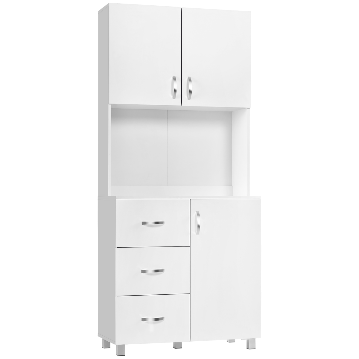 White Kitchen Storage Cabinet with 3 Drawers, 2 Cupboards and Open Shelf, Wooden Cupboard Organizer Furniture