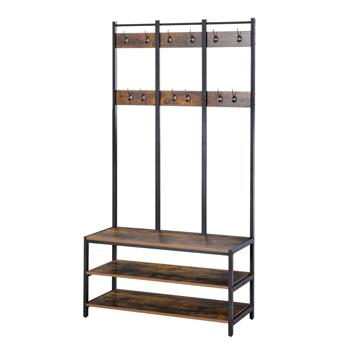 Entryway Hall Tree Coat Rack with Shoe Bench, 3-in-1 Metal Storage Rack with 12 Hooks and Shoe Shelf, Industrial Style