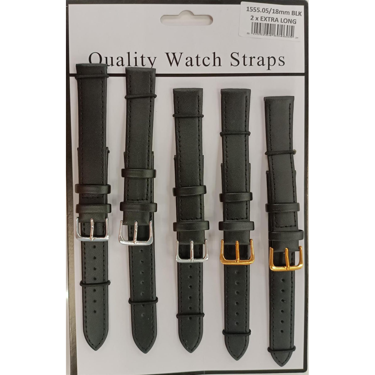 18mm Black Leather Watch Straps, 2X Extra Long, Pack of 5