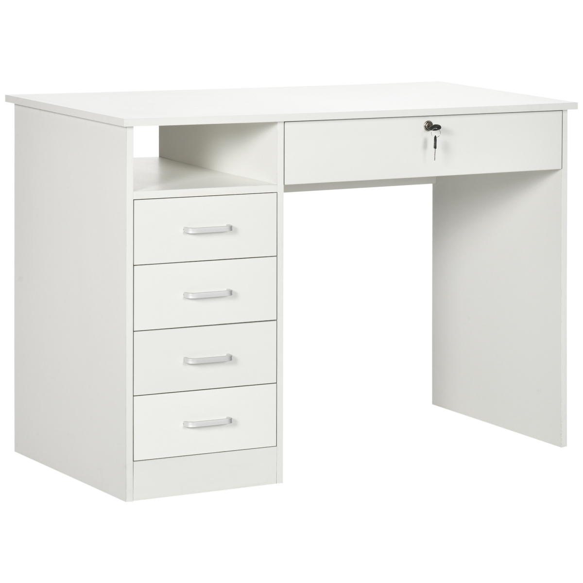 White Computer Desk with 5 Drawers and Locking Drawer