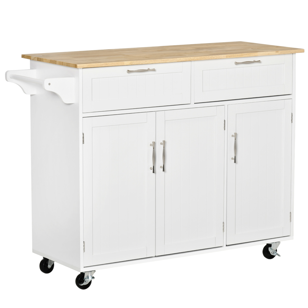 HOMCOM White Kitchen Island Cart with Wooden Top, Drawers & Cabinets