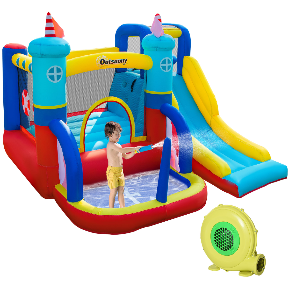 Kids Inflatable Bouncy Castle with Slide, Pool, Trampoline & Blower