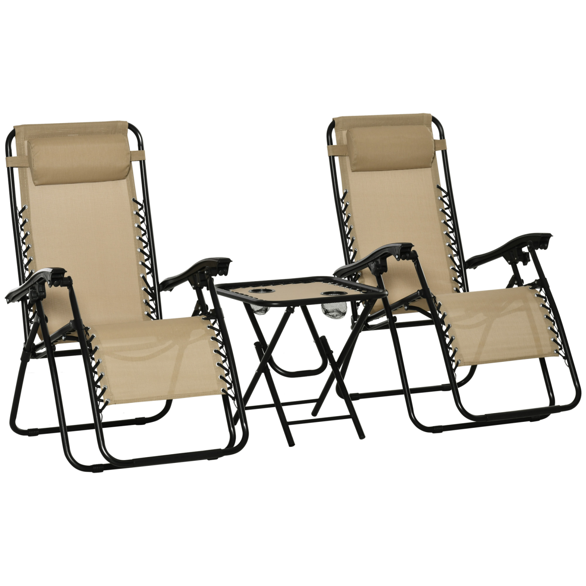 Outsunny 3-Piece Zero Gravity Sun Lounger Chair and Side Table Set with Cup Holders, Beige