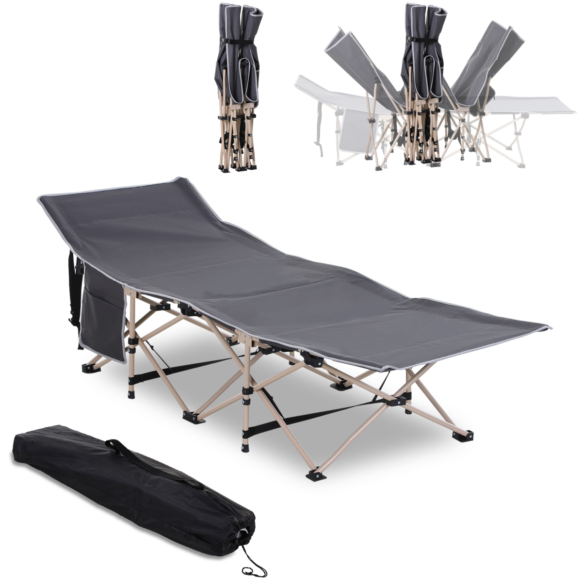 Outsunny Portable Outdoor Camping Cot with Steel Frame and Travel Bag, Grey and Beige