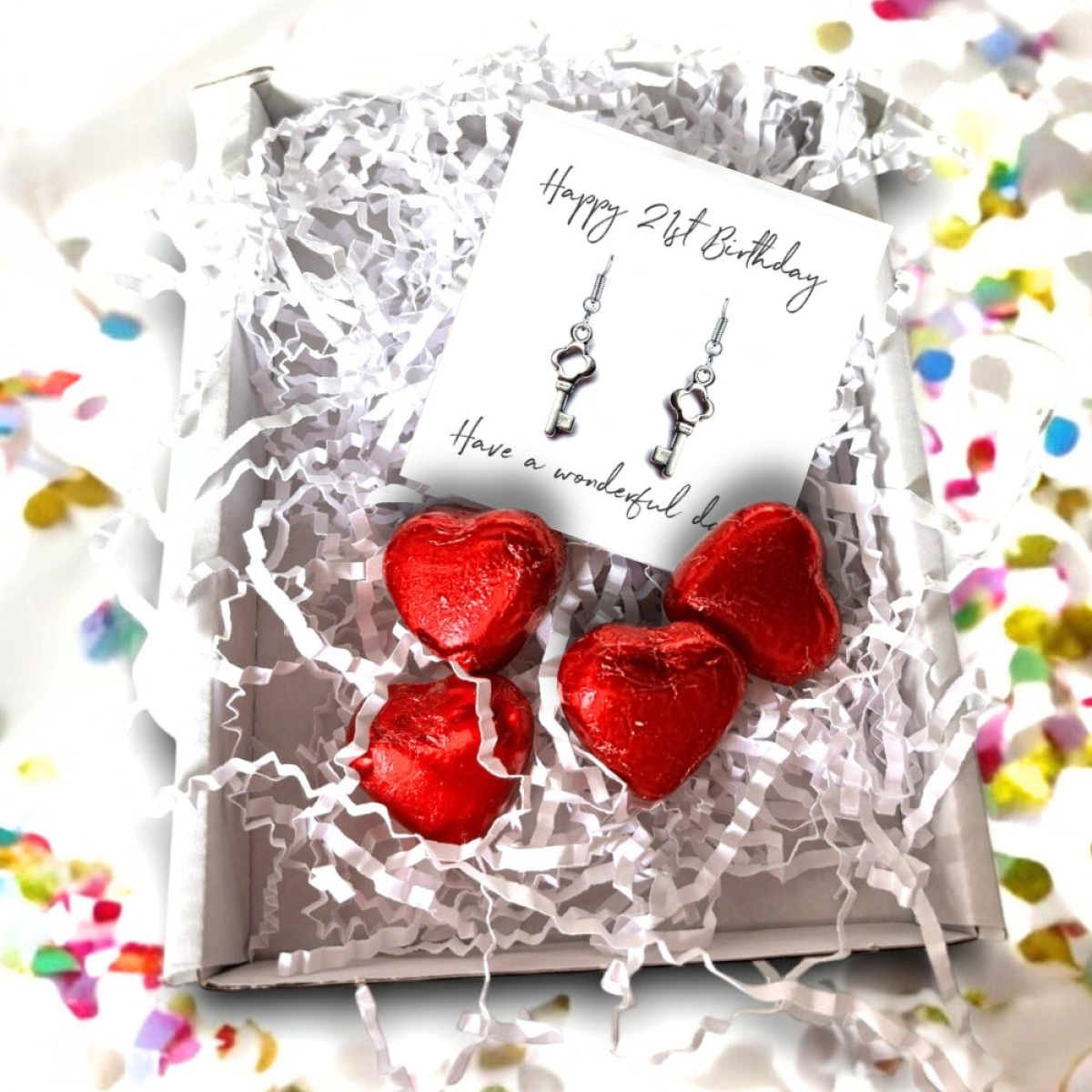 21st Birthday Earrings Gift Set with Key Charm, Message Card and Milk Chocolate Hearts