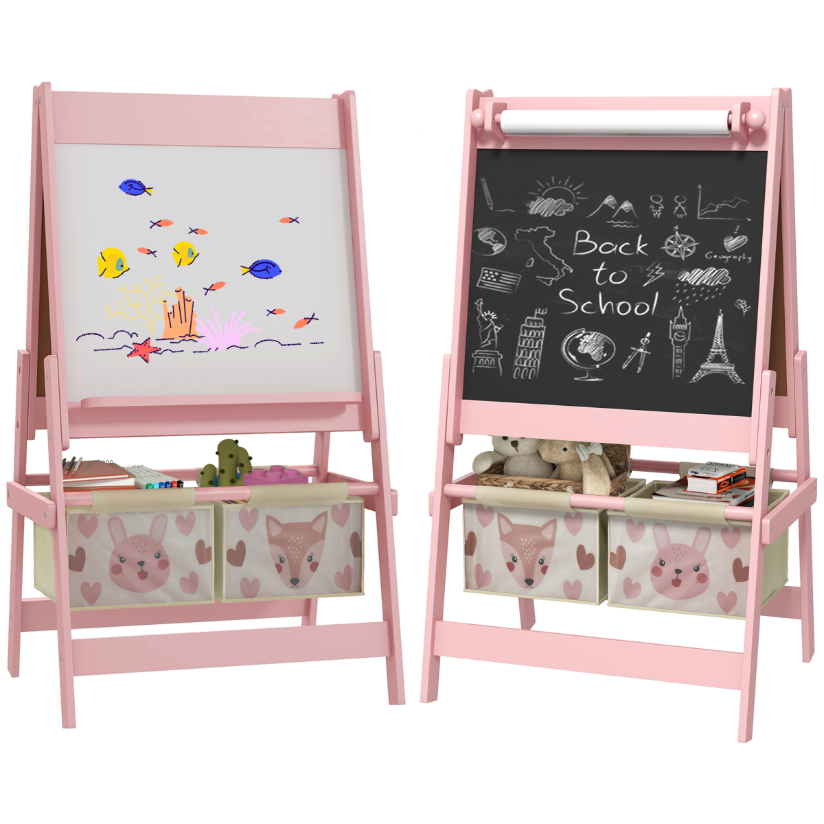 AIYAPLAY Kids 3-in-1 Easel with Paper Roll, Blackboard & Whiteboard, Pink