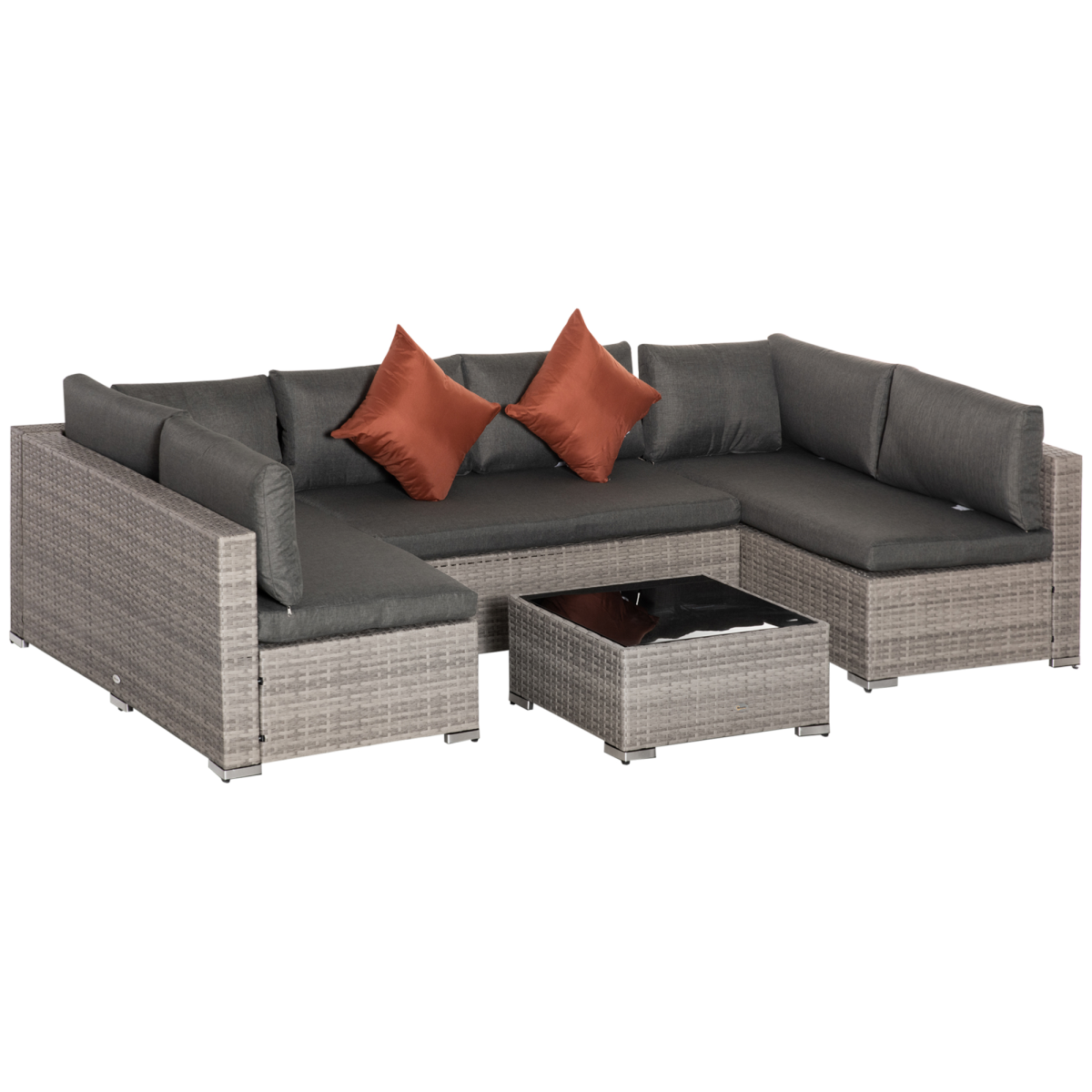 Outsunny 6-Seater Patio PE Rattan Sofa Set with Tempered Glass Coffee Table Grey