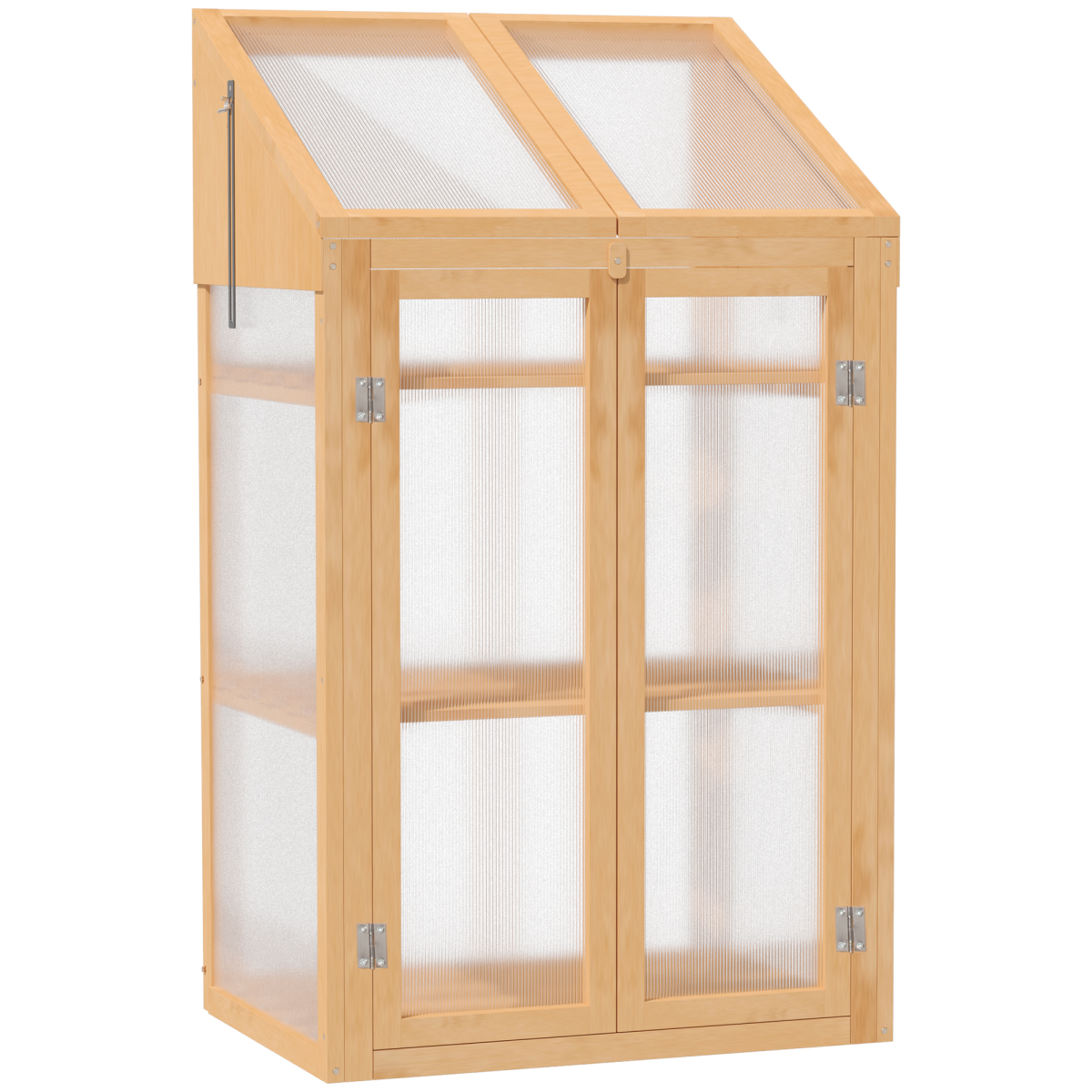 Outsunny Wooden Greenhouse Cold Frame with Polycarbonate Panels, Double Doors, Removable Shelves, Brown, 70x50x120cm