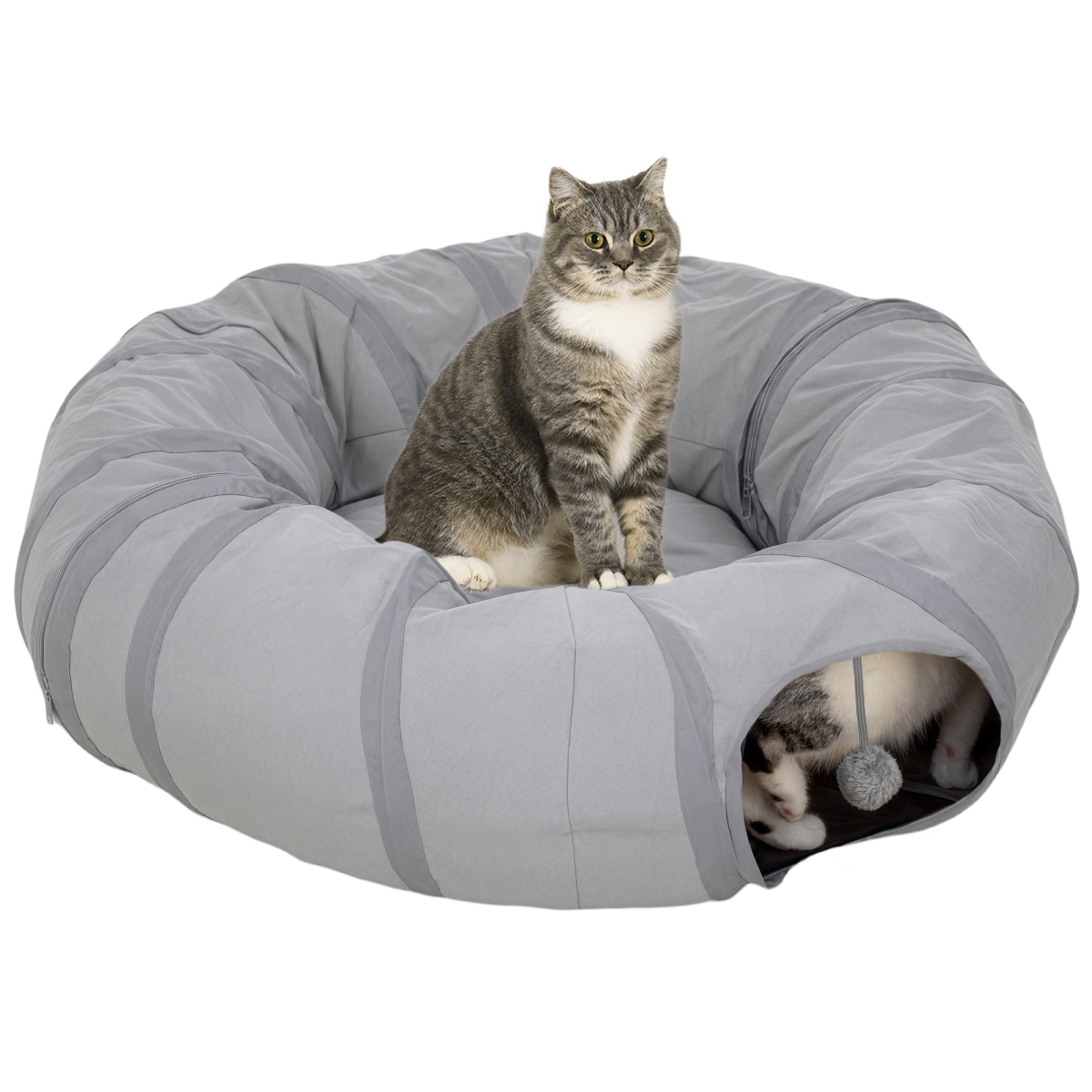 PawHut 2-in-1 Cat Tunnel Bed, Grey, Indoor Play Tunnel for Cats