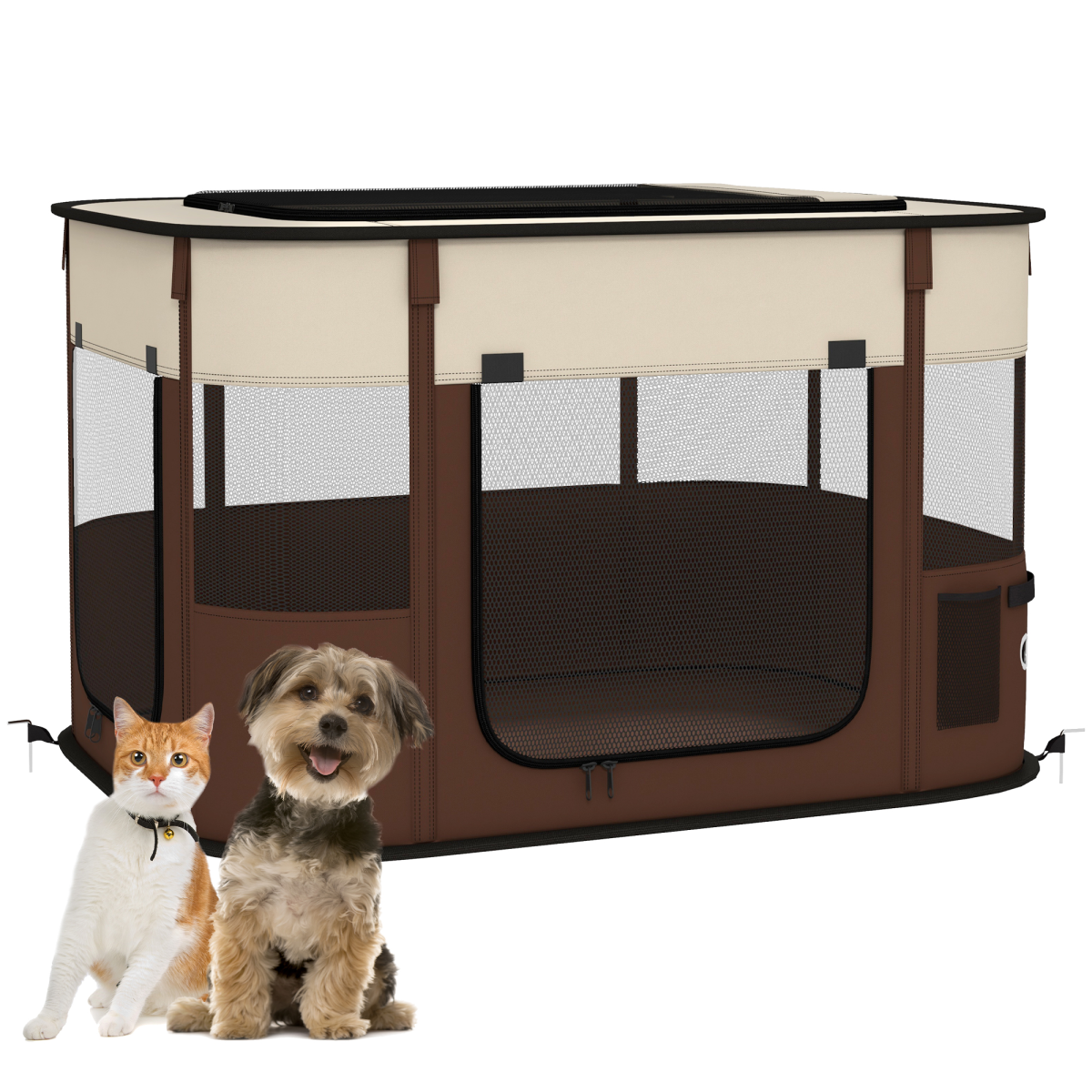 PawHut Foldable Portable Pet Pen for Small Animals, Brown