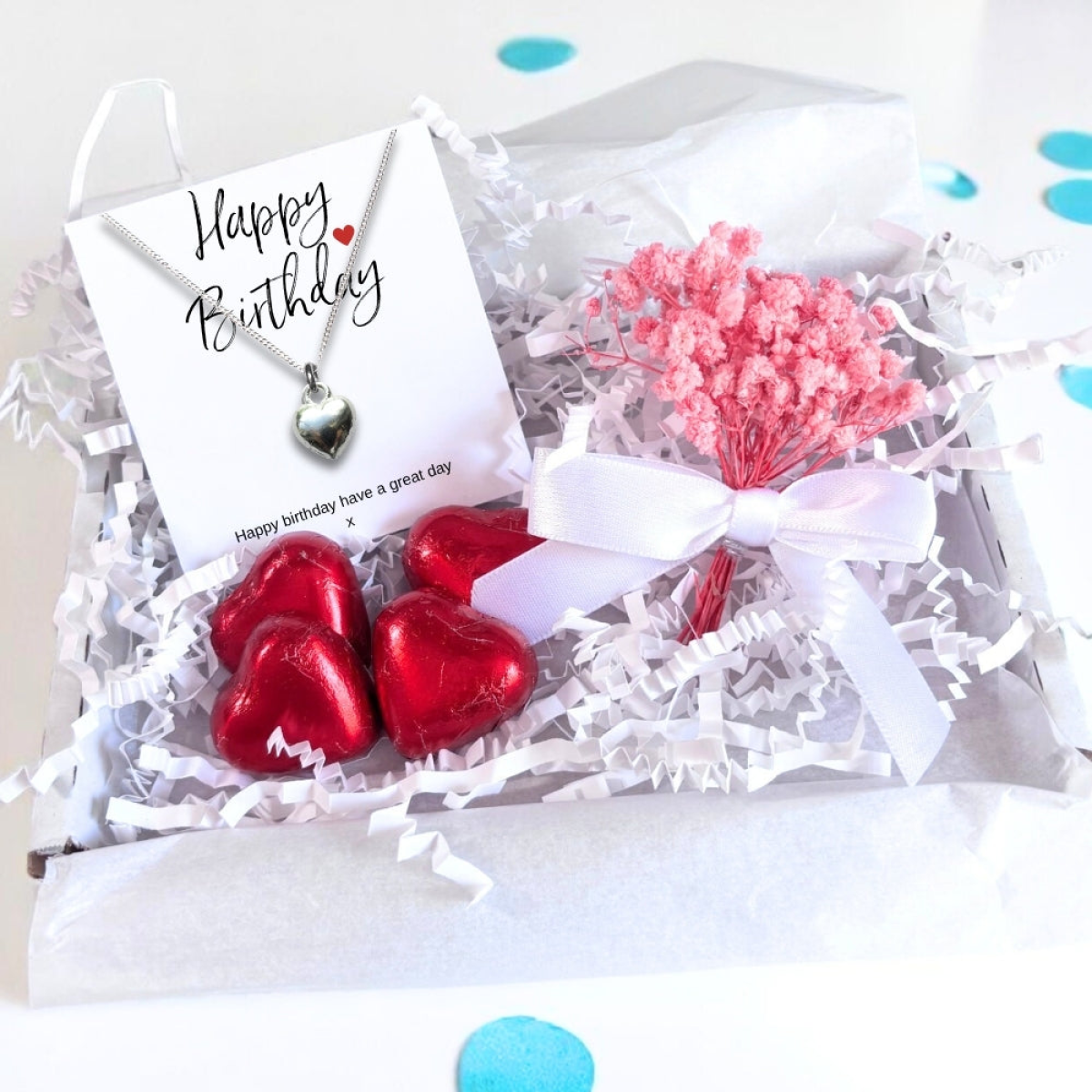 Mini Gift Hamper with Silver Heart Necklace, 4 Milk Chocolate Hearts and Mini Flower Bouquet, Letter Box Gift for Her