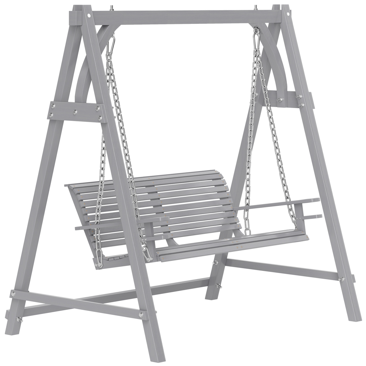 Outsunny 2 Seater Wooden Garden Swing Seat with Cup Trays, Grey