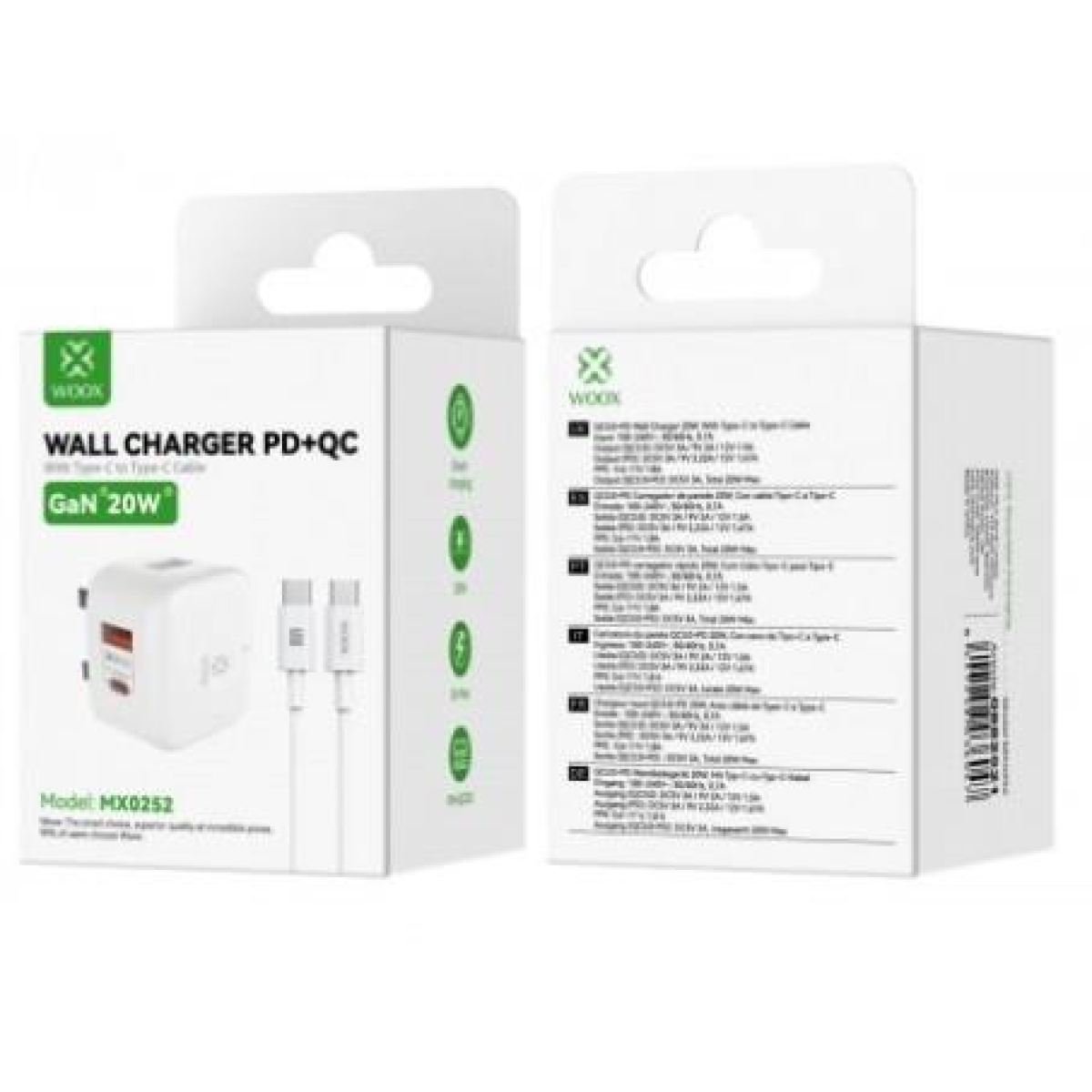 WOOX 20W PD+QC Home Charger with Type-C to Type-C Fast Cable, White